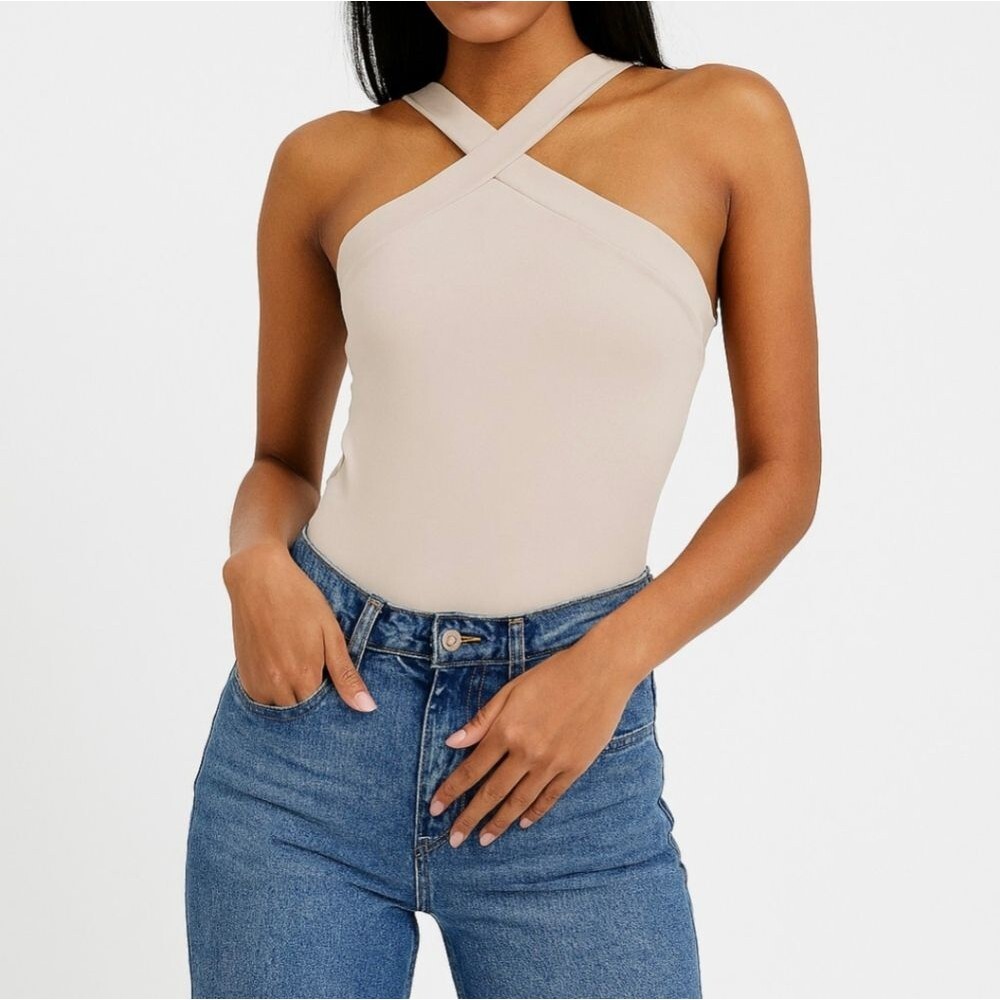 Criss Cross Bodysuit M Neutral Quiet Luxury Lagenlook Soft Visco Earth Girl